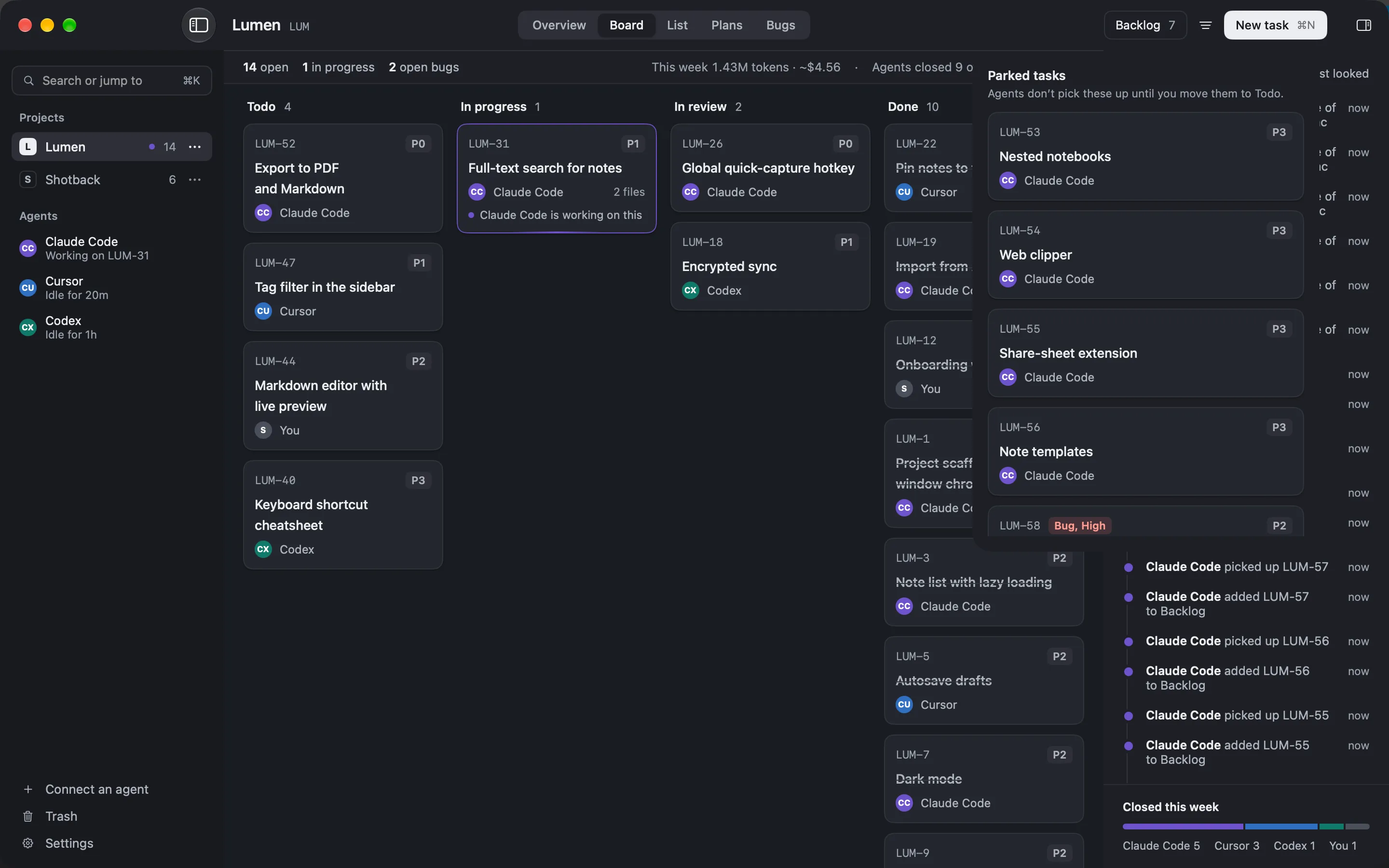A Hatchlog board with the Backlog popover open, showing parked tasks agents won't pick up until you move them to Todo.