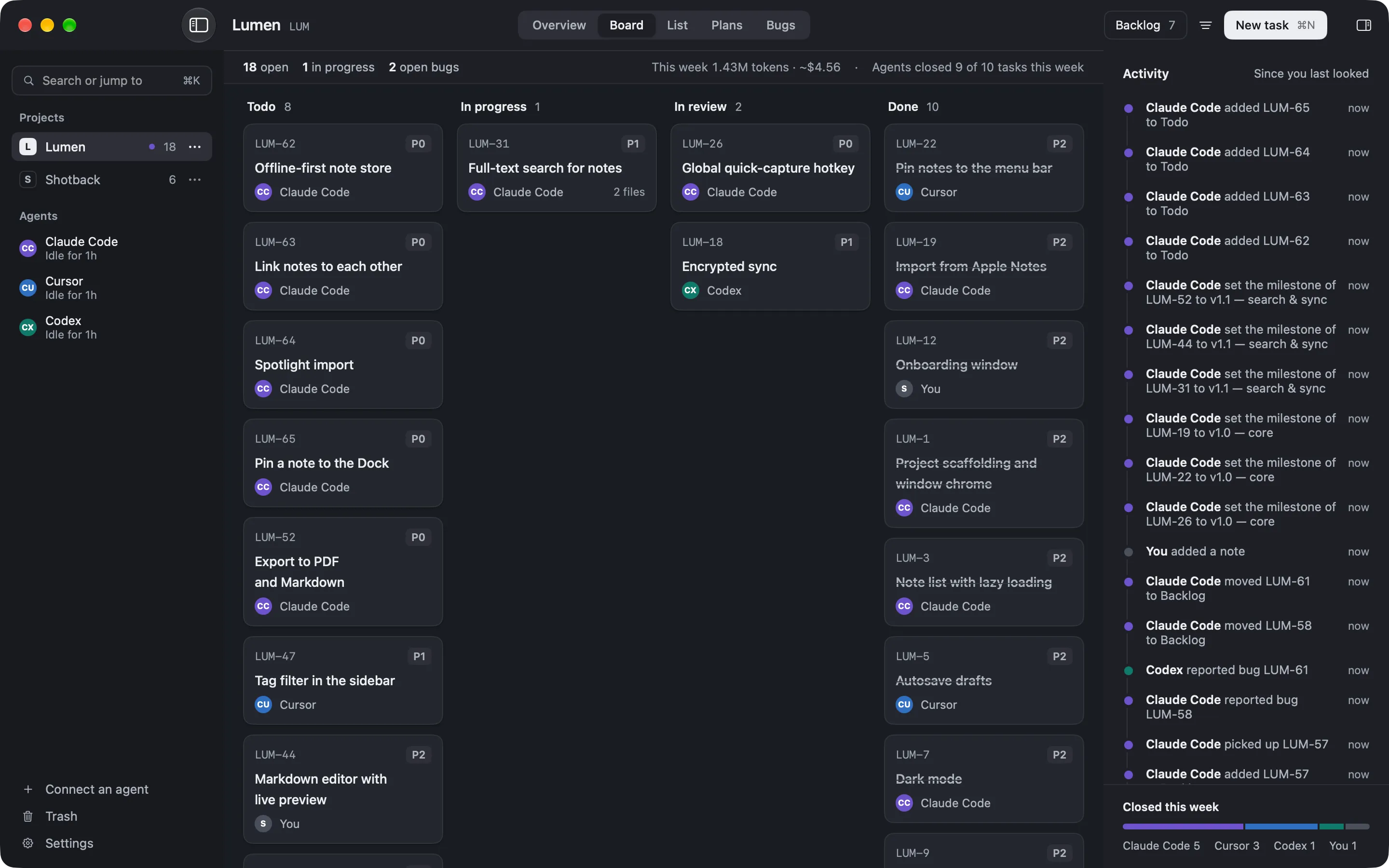 A Hatchlog board right after the agent planned a feature: several brand-new tasks at the top of the Todo column.