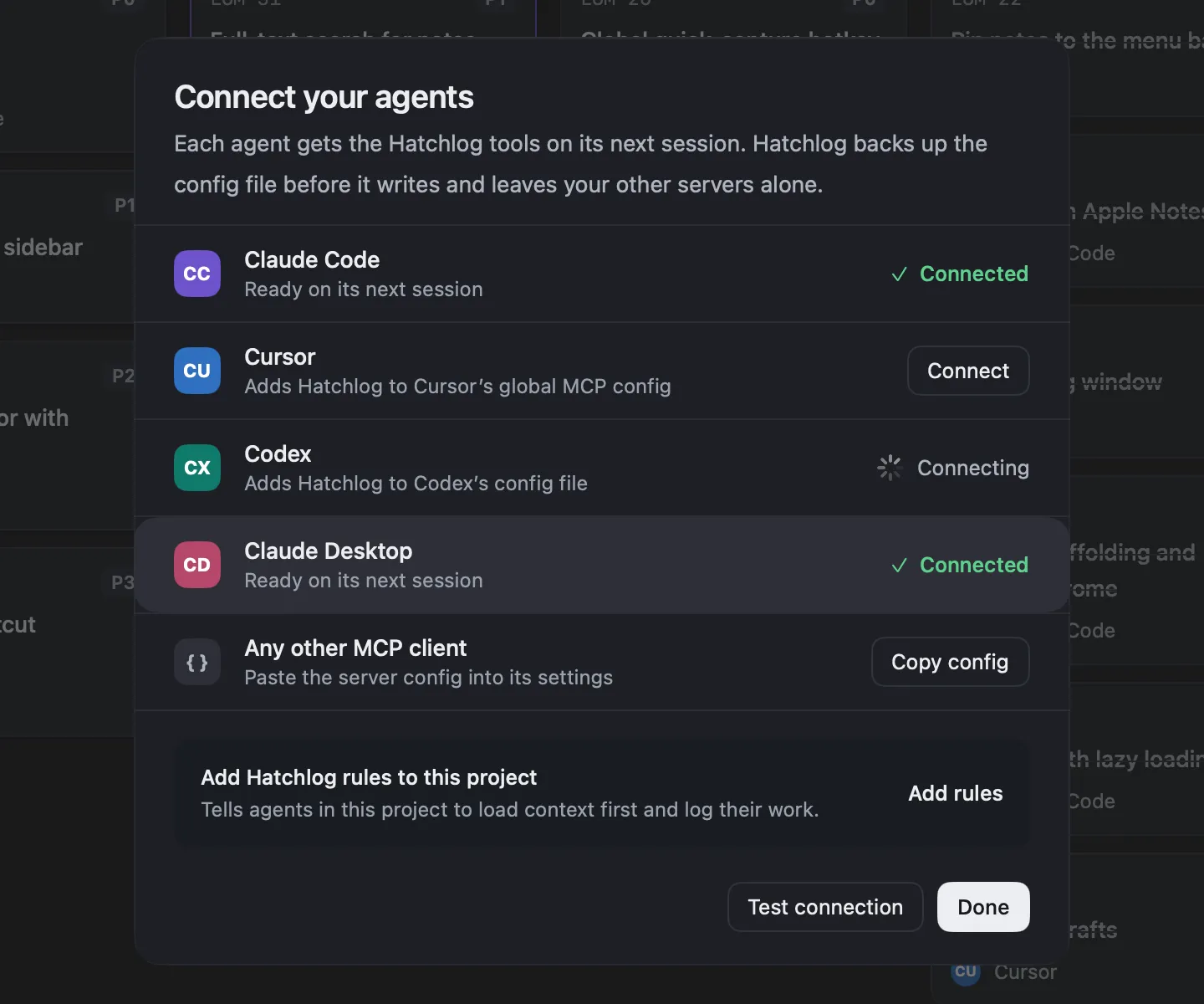 The Connect agents sheet with the Connect button next to Claude Desktop.